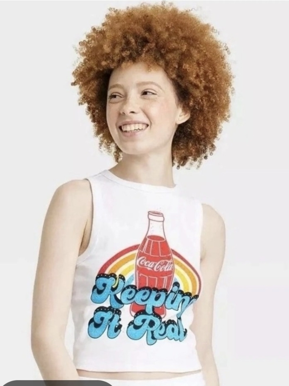 0307 Coca Cola White Tank Top with Red Bottle & Rainbow Graphic